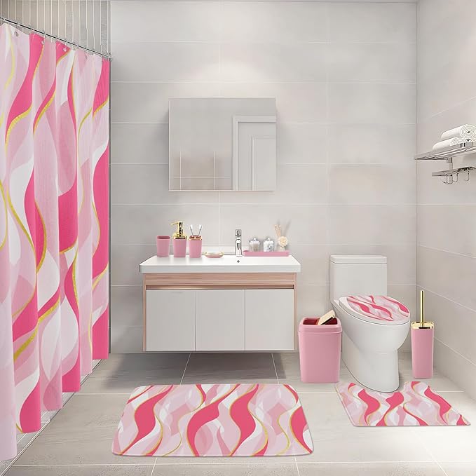XLHOMO Bathroom Set - Pink and Gold Bathroom Accessories, Bathroom Sets with Shower Curtain and Rugs, Pink Shower Curtain Set with Bathroom Trash Can, Soap Dispenser, Soap Dish for Home Decor