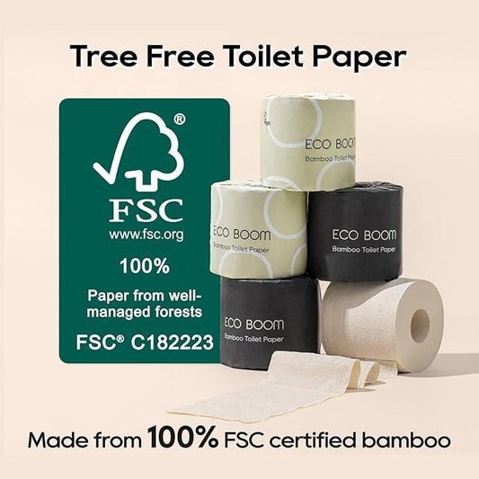 ECO BOOM Unbleached Bamboo Toilet Paper, 100% Tree-Free & Plastic-Free, 3-Ply Strong, FSC Certified, Unscented, 9 Rolls, 360 Sheets | PFAS Free, BPA Free & Septic Safe - ModernBath