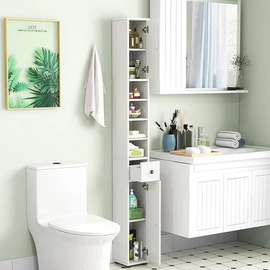 Tangkula Tall Slim Bathroom Storage Cabinet, 71" Freestanding Bathroom Cabinet w/ 2 Doors, 1 Drawer & 5 Adjustable Shelves, Floor Narrow Tower Cabinet for Small Spaces, 8" x 8" x 71" (White) - ModernBath