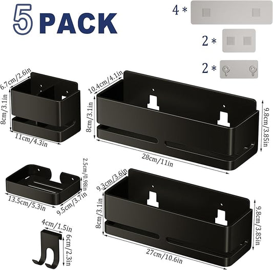 Bathroom Storage Rack (5-Piece Set), Wall-Mounted Shelf with soap Dish and Toothbrush Holder, no Drilling Required, Ideal for Bathroom Storage and Also Suitable for Kitchen (Black)