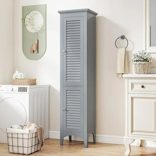 Tangkula 63" Tall Bathroom Storage Cabinet, Freestanding Narrow Linen Tower with Adjustable Shelf, Modern Slim Floor Cabinet with 2 Doors for Bathroom, Living Room, Kitchen (Grey) - ModernBath