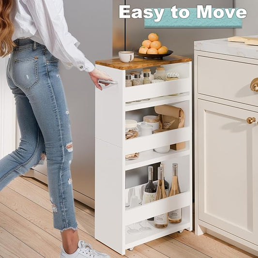 MARTY Rolling Storage Cart 7.9" W, 4-Tier Kitchen Cart with Wheels Handle, Slim Storage Cart Mobile Shelving Utility Carts for Bathroom Laundry Room Organization Narrow Places (White)