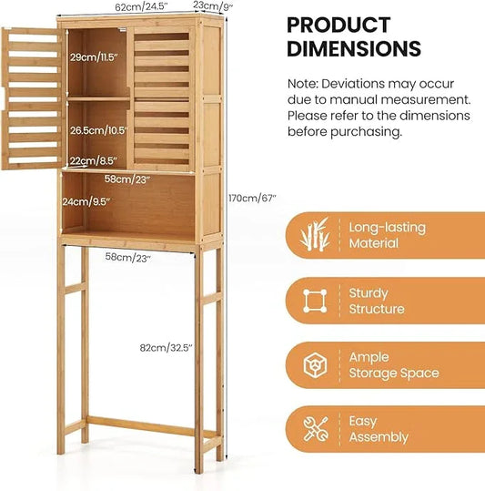 Giantex Over The Toilet Storage Cabinet, 3-Tier Bamboo Bathroom Space Saver with 2 Louver Doors, Open Shelf, Adjustable Bottom Bar, Over Toilet Bathroom Organizer for Laundry, Balcony, Restroom - ModernBath
