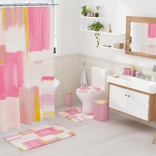 XLHOMO Bathroom Accessories Set - 25PC Bathroom Set with Shower Curtain and Rugs, Pink Bathroom Set, Bathroom Accessory Set with Press-on Lid Trash Can, Soap Dispenser and Qtip Holders - ModernBath