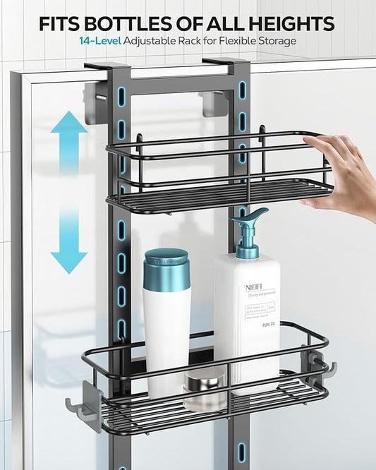 Nieifi Over The Door Shower Caddy Pantry Organizer Rack with Reliable Hooks, Sturdy Hanging Shower Organizer Shelf Basket Storage Rack, Bathroom Shelves Drill Free Extra Large, Black