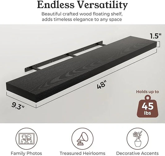 Floating Shelves for Wall, Wall Mounted Rustic Wood Shelves for Bathroom, Bedroom, Living Room, Kitchen, Hanging Shelf for Books/Storage/Room Decor (Black, 48") - ModernBath