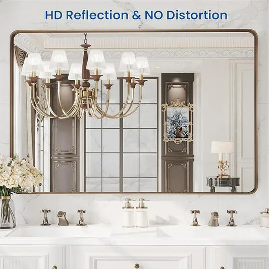 WEER Bronze Framed Modern Wall-Mounted Bathroom Mirror, 55"L x 36"W, Brushed Bronze Aluminum Frame, Shatterproof Tempered Glass, Rounded Rectangle, Horizontal/Vertical Mounting - ModernBath
