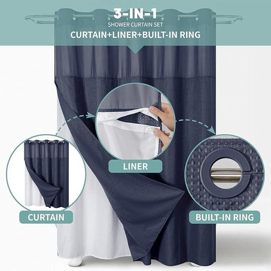 eachope Navy Extra Long No Hook Waffle Weave Shower Curtain with snap-in Liner Replacement, 230GSM Waterproof Fabric Hotel Shower Curtain Set for Bathroom, Through Mesh Top Window,71Wx86H - ModernBath