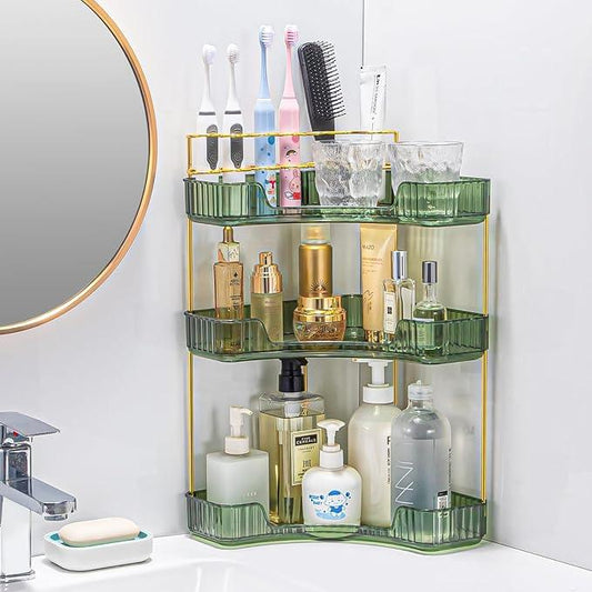 shuang qing Upgraded 3-Tier Corner Bathroom Countertop Organizer – Spacious Storage for Makeup, Skincare & Perfumes, Built-in Brush Holder Fits Vanity/Dresser/Bsthtub (Sage Green) - ModernBath