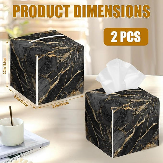 Black Gold Marble Tissue Box Cover 2PCS, Leather Tissue Box Holder Square Facial Paper Case Tissue Box Cube Organizer for Bathroom Bedroom Desk Office