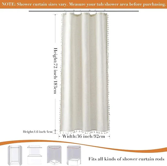 Nanspring Stall Natural Boho Linen Shower Curtain 36 Inch Rustic Cottagecore Narrow Fabric Shower Curtain Set with Hooks for Bathroom Modern Farmhouse Camper RV Tassel Bath Curtain 36x72, Cream - ModernBath