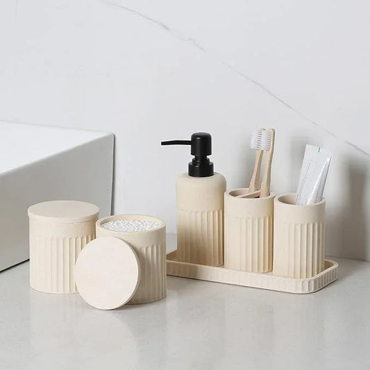 INIUNIK Bathroom Accessory Set - 6 Pieces Bathroom Accessories Set Complete with Soap Dispenser, Toothbrush Holders, Tumbler, Vanity Tray and 2 Qtip Holder for Home Organizer and Decor, Beige - ModernBath