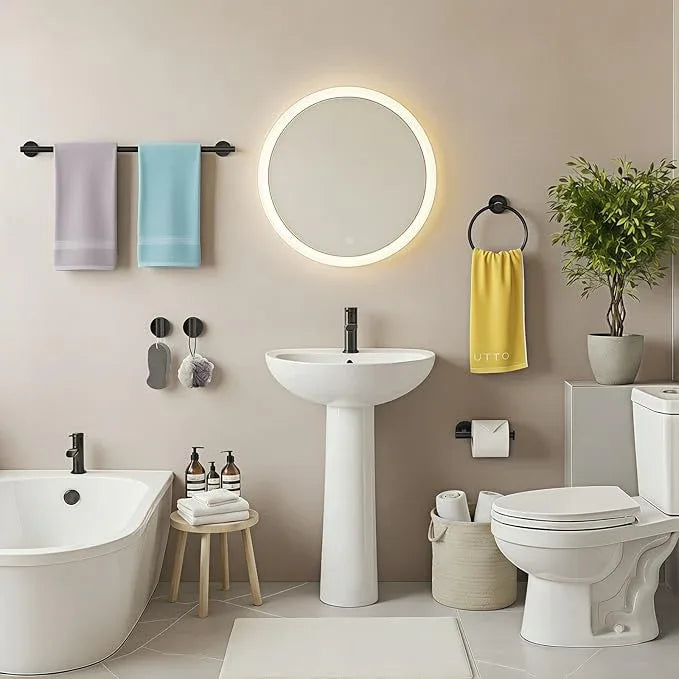 5-Piece Black Bathroom Hardware Set - 24 Inch Towel Bar, 2 Robe Towel Hooks, Toilet Paper Holder, Towel Ring, Wall Mounted Bathroom Accessories (Matte Black Finish) - ModernBath