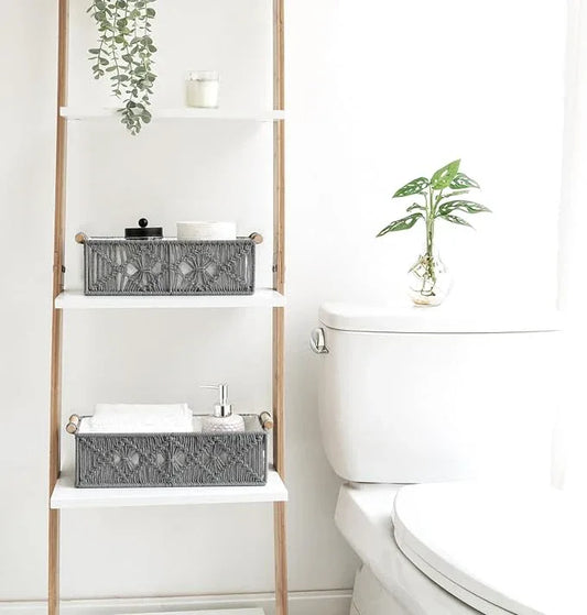 Mkono Macrame Storage Baskets Boho Decor Box Handmade Woven Decorative Countertop Toilet Tank Shelf Cabinet Organizer for Bedroom Livingroom Home, Set of 2, Grey - ModernBath