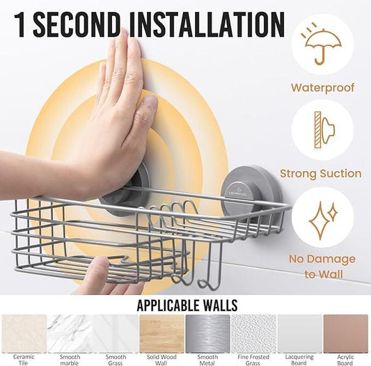 LEVERLOC Shower Caddy Suction Cup, Heavy Duty Bathroom Organizer for Inside Shower with Hooks & Soap holder, NO-Drilling Bathroom Holder-Grey - ModernBath
