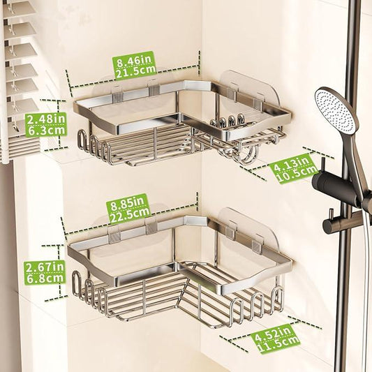 SWTYMIKI Shower Caddy Corner with Soap Holder, 2-Tier Stainless Steel Corner Shower Organizer with 11 Hooks, No Drilling & 6 Strong Adhesives Bathroom Shelf Organizer, Silver - 2 Tier - ModernBath