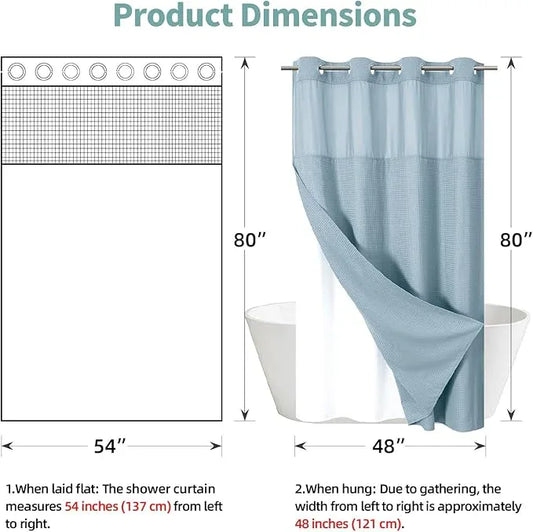 eachope Teal No Hook Waffle Weave Shower Curtain with snap-in Liner Replacement, 230GSM Waterproof Fabric Hotel Shower Curtain Set for Bathroom, Through Mesh Top Window,54Wx80H - ModernBath