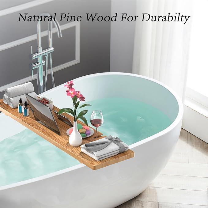 MUNNAR Bathtub Tray for Freestanding Bath, Solid Pine Wood Bath Tray for Tub, Bath Caddy for Home Spa, Adjustable Bathtub Trays for Tub, with Bathtub Accessories Holders, Patent Design, 35x9 - ModernBath