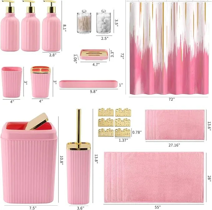 WSBArt 20PC Bathroom Accessory Set Pink Bathroom Accessories Bathroom Set, Shower Curtain Set, 2 Piece Bath Towel Set, 3PC Soap Dispenser, Toilet Brush & Trash Can - ModernBath