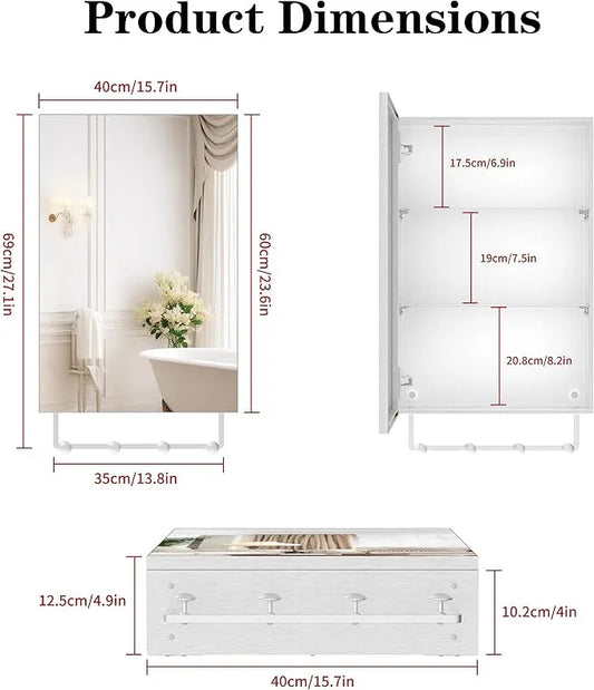 ANYHI 24"x16" Silver Bathroom Cabinet with Mirror, Single Door Bathroom Wall Mirror Cabinet, 2 Adjustable Storage Organizer Shelves, 5 Removable Hooks - ModernBath