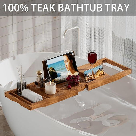 Premium Teak Bathtub Tray Caddy, Expandable Wooden Bath Tray for Tub,Luxury Bathroom Accessories,Great House Warming, Anniversary & Wedding and Birthday Gifts - ModernBath