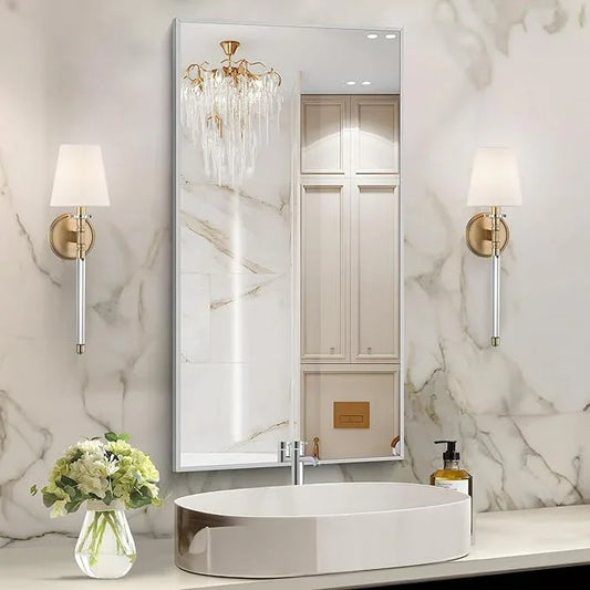 COFENY 48x24In Silver Bathroom Mirror for Wall, Brushed Nickel Rectangle Mirrors with Metal Frame, Bathroom Rectangular Mirror Modern Wall Mirror for Bedroom Living Room, Hangs Horizontal or Vertical - ModernBath