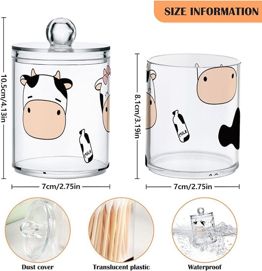 Tatenale Qtip Holder Bathroom Set Q tip Cotton Ball Swab Pad Dispenser Container Organizer Plastic Jars with Lids Storage 2Pack Cute Cow and Milk