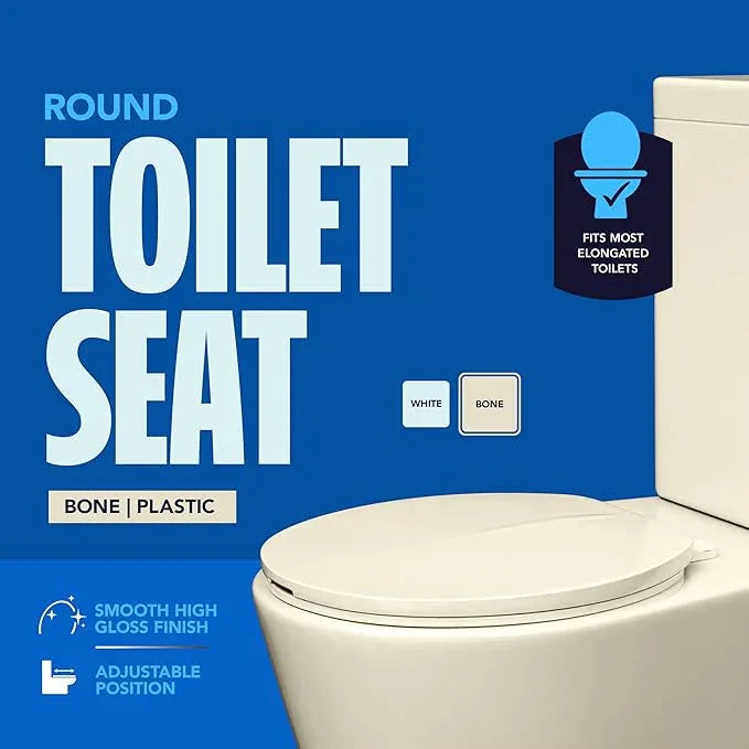 HIGHCRAFT Premium Round Toilet Seat with Adjustable Hinges - Molded Plastic Toilet Seat - Fits Standard Round Toilets - Round Seat in Bone/Beige - ModernBath
