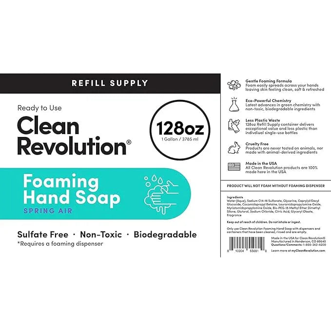 Clean Revolution Foaming Hand Soap Refill Supply Container, Ready to Use Formula, Gluten Free, Spring Air Fragrance, 128 Fl. Oz, 4 Pack - ModernBath