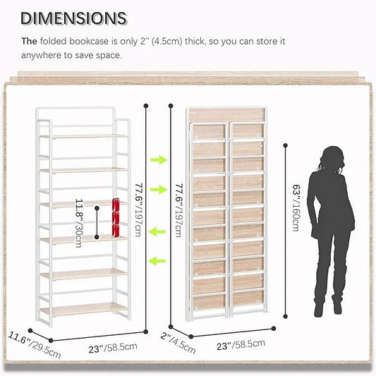 4NM No Assembly 6 Tiers Folding Bookshelf Storage Shelves Vintage Bookcase Standing Racks Study Organizer Home Office (Natural White) - ModernBath