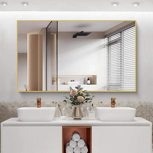 COFENY Gold Bathroom Mirror for Wall, 60x36 Inch Rectangle Mirrors with Metal Frame, Modern Vanity Wall Mirror Decor for Bathroom Living Room, Entryway Hangs Horizontal or Vertical