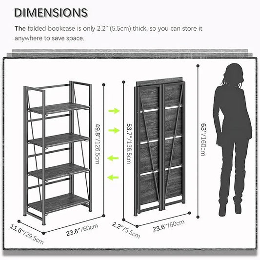 4NM No Assembly Folding Bookshelf Storage Shelves 4 Tiers Vintage Bookcase Standing Racks Study Organizer Home Office (Gray Black) - ModernBath