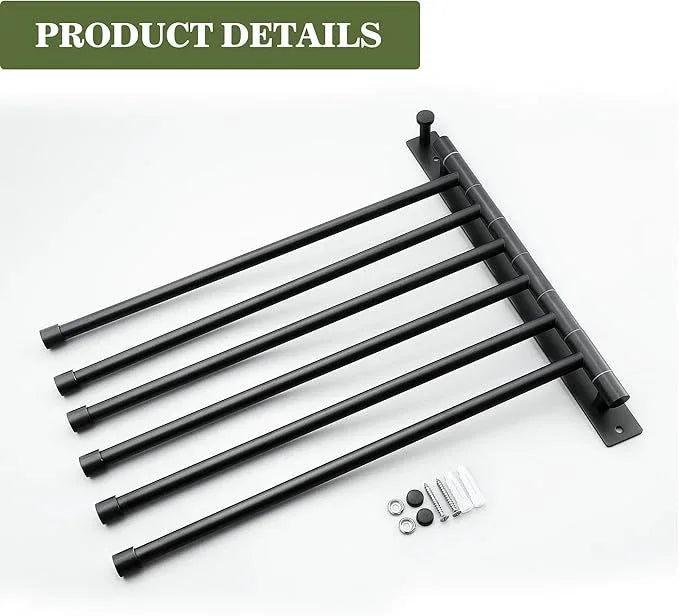 Alise Swivel Towel Rack, SUS304 Stainless Steel 6 Arms Towel Bar, Space Saving Swing Out Towel Bar with Hook, Towel Racks Wall Mounted for Bathroom, Matte Black - ModernBath