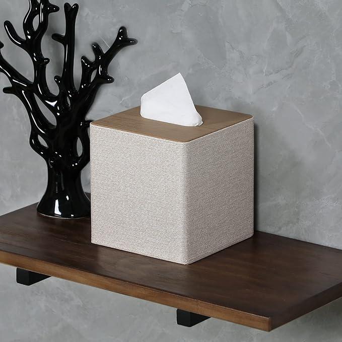 GOLRANLYE Tissue Box Cover Square PU Leather Facial Tissue Box Holder for Dresser Bathroom Decor (Beige) - ModernBath