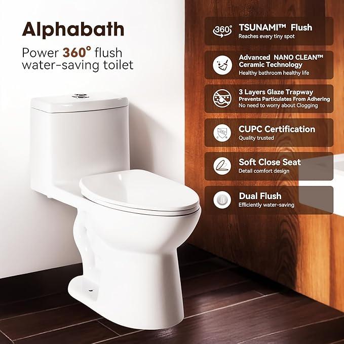 Alphabath 17" Comfort Height Toilet with Soft close seat, One piece Toilets for Bathrooms Elongated, Dual Flush 0.8/1.28 GPF, Nano Self-Cleaning Glaze, Easy to Clean&Install, ADA Height, 12" Rough-In - ModernBath