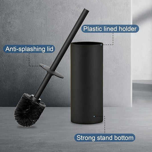 Toilet Brush and Holder Set, NEWRAIN 304 Stainless Steel Toilet Brush with Long Brush Handle, Matte Black Toilet Scrubber and Covered Holder, Round Design Sturdy and Space Saving, Covered Brush - ModernBath