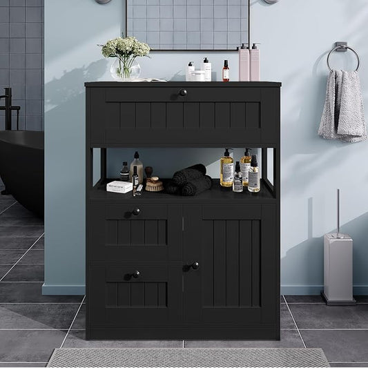 Storage Cabinet, Modern Bathroom Floor Storage Cabinet Organizer with 1 Door and 3 Drawers, Freestanding Cupboard for Kitchen/Living Room Use