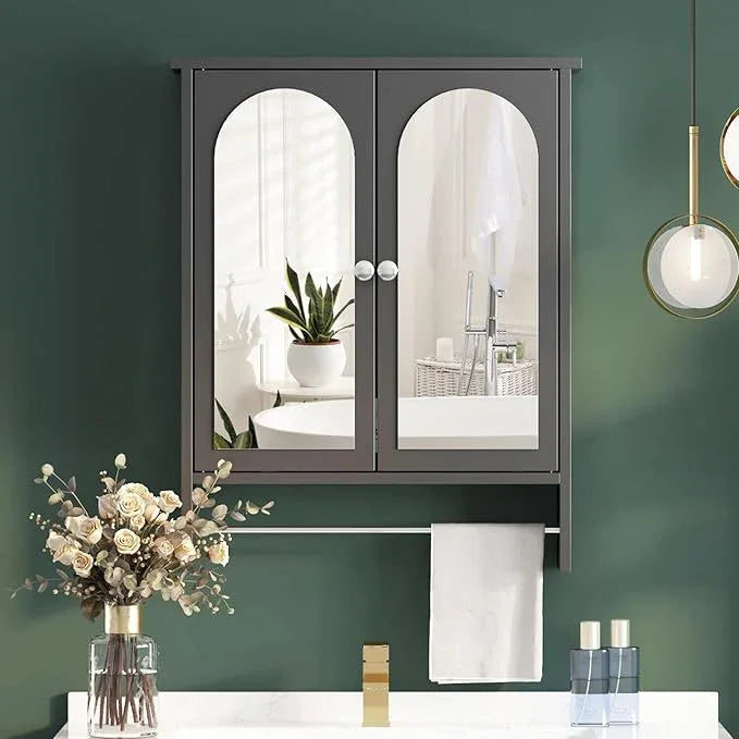 Bathroom Medicine Cabinet Mirror,Arched Bathroom Cabinet with Mirror,Surface Mount Medicine Cabinet Wall Mounted,Mirrored Medicine Cabinets with Towel Bar,Black Wall Cabinet 22x28 - ModernBath