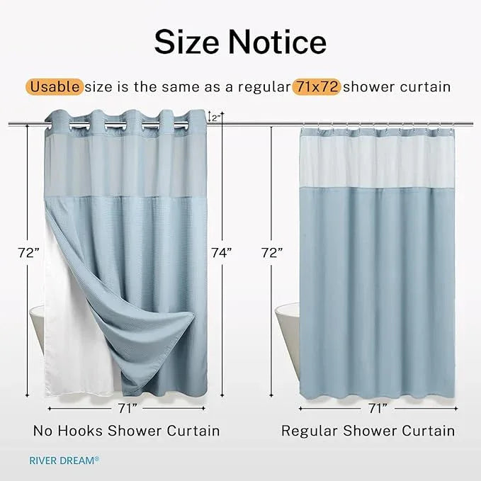 River Dream Heavyweight No Hooks Required Dotted Waffle Weave Shower Curtain with Snap in Liner - 71W x 74H,Hotel Grade,Spa Like Bath Curtain,Blue - ModernBath
