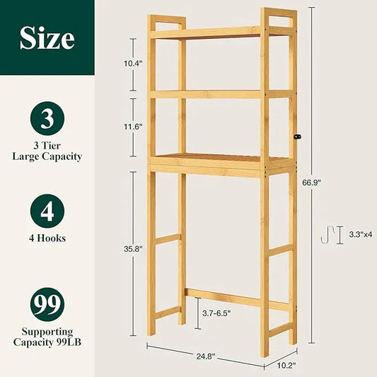 Smiry Over The Toilet Storage Cabinet, 3-Tier Bamboo Bathroom Organizers with Adjustable Shelf & 4 Hooks, Space Saving Shelf Rack for Bathrooms, Laundry Room, Balcony, Natural - ModernBath