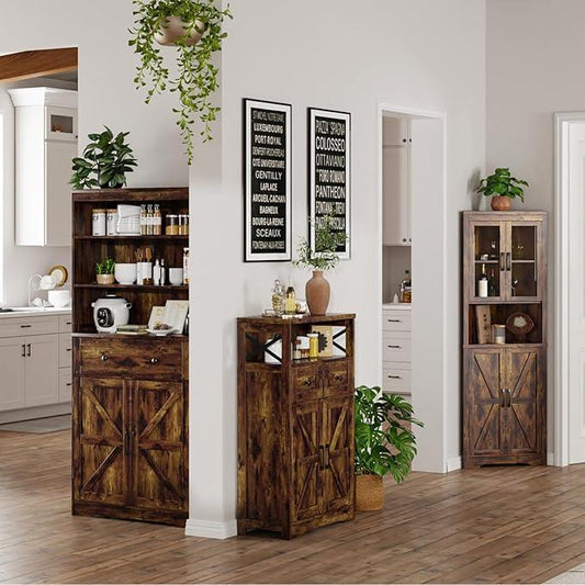 Rustic Brown Farmhouse Storage Cabinet with Barn Doors and Shelves, Freestanding Kitchen Pantry Storage Cabinet, Coffee Bar Station, Hutch Cupboard for Kitchen, Dining Room, Livingroom - ModernBath