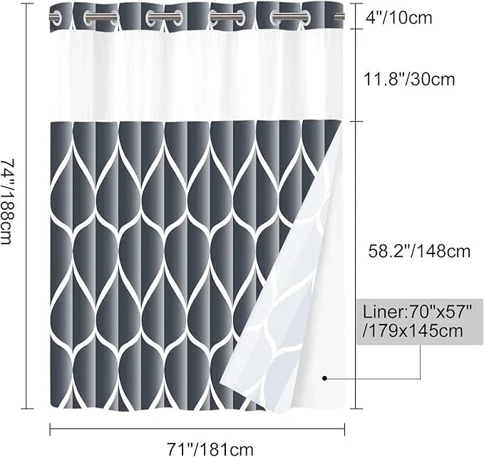 Yiatn Dark Grey Ringless Shower Curtain with Snap in Liner - Hotel Style with See Through Mesh Top Window, Modern Geometric Waterdrop Design,Waterproof and Washable,- 71x74 INCH - ModernBath