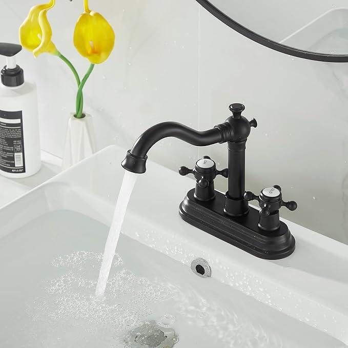 GGStudy Bathroom Faucet Matte Black 2 Handles 4 Inches Centerset Black Bathroom Vanity with Drain Assembly and Supply Hose Lavatory Faucet - ModernBath