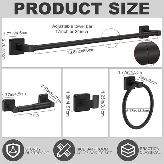Gisafai Bathroom Hardware Set, Towel Bar Set Stainless Steel Wall Mounted, 23.6/16 Inches Hand Towel Bar, Ring, Robe Hooks, Toilet Paper Holder, Bathroom Rack (Matte Black,15 Pcs)
