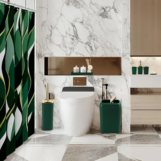 XLHOMO Green Bathroom Set, Bathroom Sets with Stripe Shower Curtain, Green and Gold Bathroom Accessories with Trash Can, Soap Dispenser, Soap Dish, Toilet Brush Holder, Qtip Holders for Bathroom