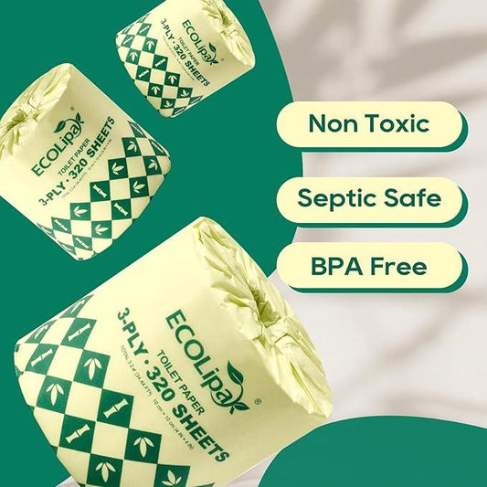 ECOLipak Bamboo Toilet Paper 3 Ply, Septic Safe Toilet Tissue, 12 Double Rolls, 320 Sheets Per Roll, Tree Free, Non Toxic, Soft and Absorbent, Eco Friendly Dye-Free Paper, White - ModernBath