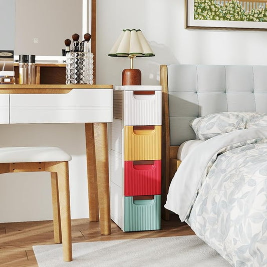 Giantex 4 Drawers Storage Cart, Narrow Plastic Dresser, Rolling Organizer Cart for Office Classroom Bedroom Bathroom Art Craft Supplies, Mobile Slim Utility Cart on Wheels, Multicolor