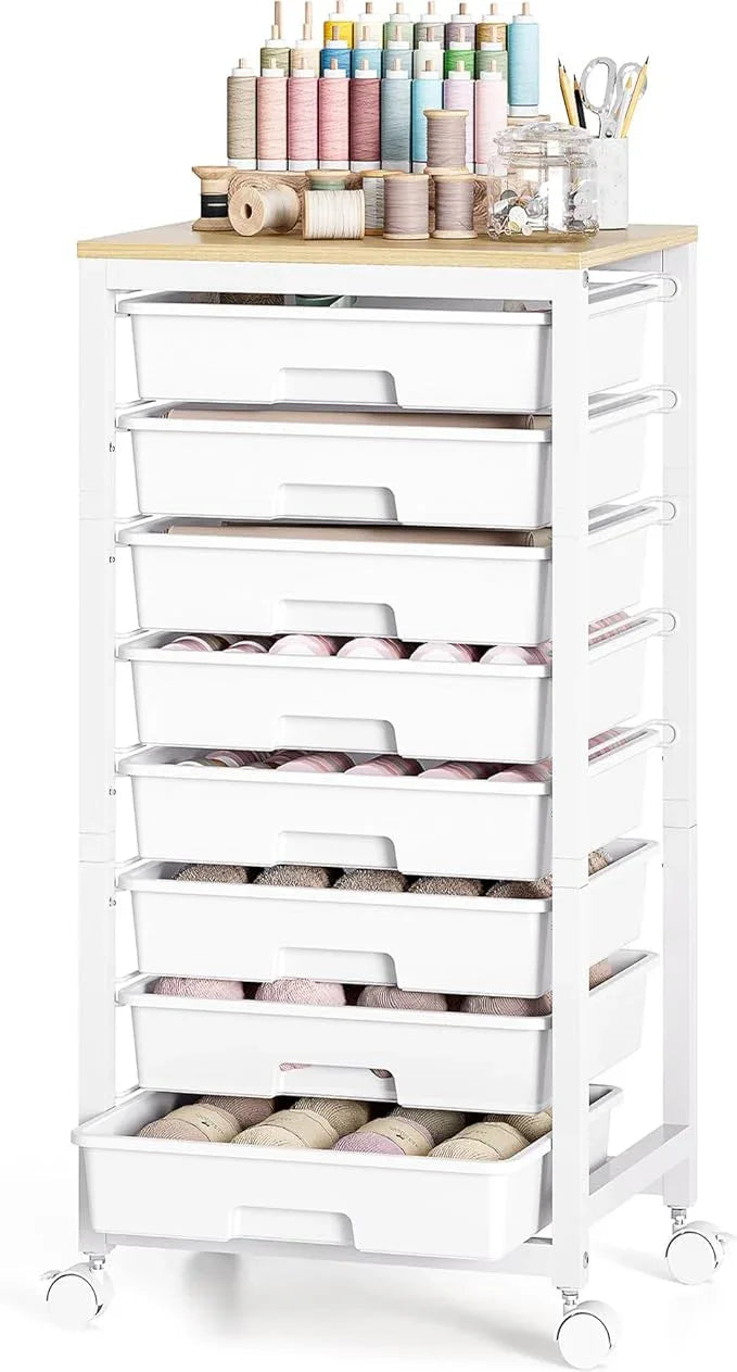 Rolling Cart with Drawers,8 Drawer Rolling Cart,Rolling Drawer Cart,Rolling Storage Drawer Cart,White Rolling Cart,Utility Cart with Drawers and Wooden Tabletop - ModernBath