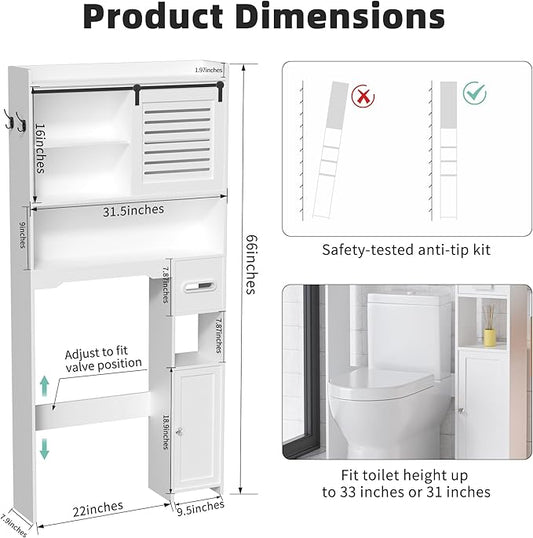 Coolfat Over The Toilet Storage Cabinet, Bathroom Storage Cabinet Organizer, Above Toilet Rack with Door and Adjustable Shelves, Space Saver for Restroom, Laundry (White Left Side)