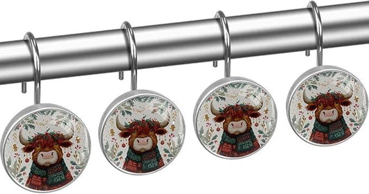 Highland Cows and Leaves Rust Proof Shower Curtain Hooks 12Pcs for Bathroom Shower Rod, Decorative Shower Hooks Shower Curtain Hanger Rings Roller, Glass, Resin, Stainless Steel - ModernBath